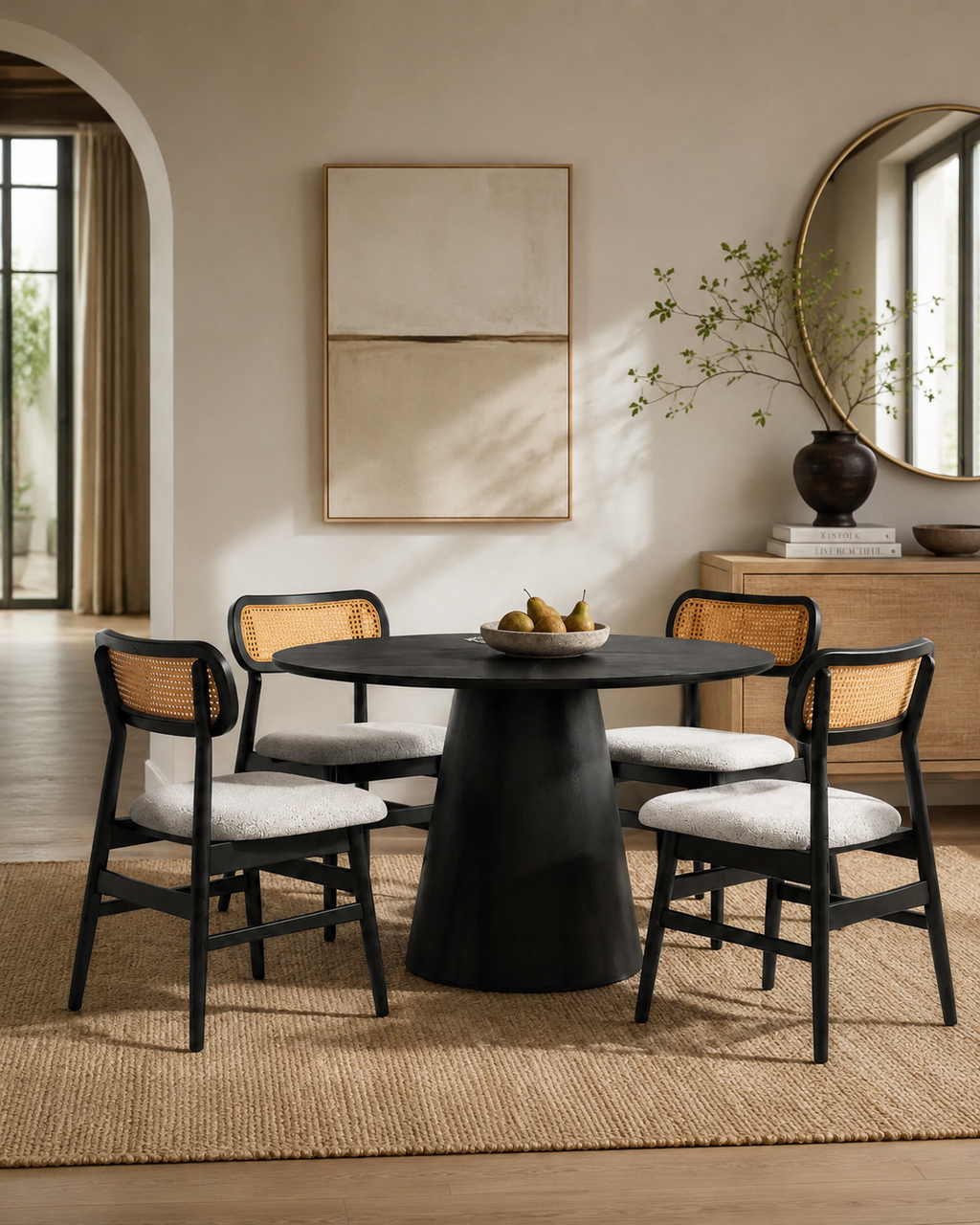 Silla Indy — Estructura de Madera y Ratán | Tapizado en Tela | Silla Boho Moderna
